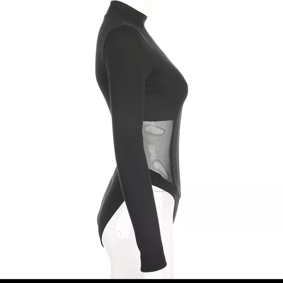 Black ribbed corset mesh turtleneck bodysuit - Picture 4 of 9